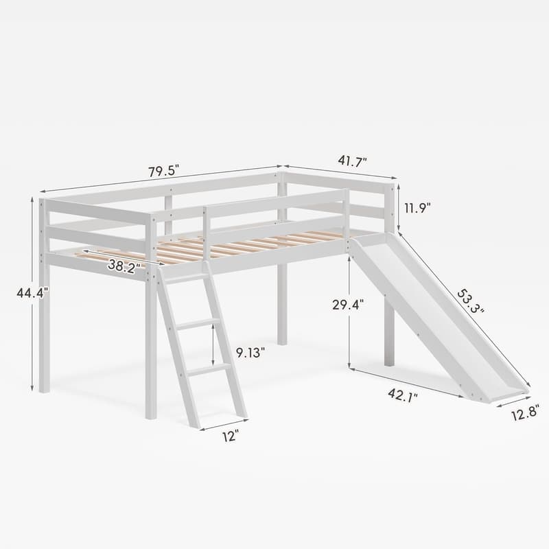 White Wood Low Loft Bed with Slide & Storage for Kids
