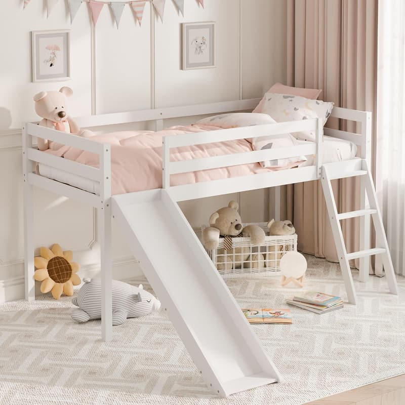 White Wood Low Loft Bed with Slide & Storage for Kids