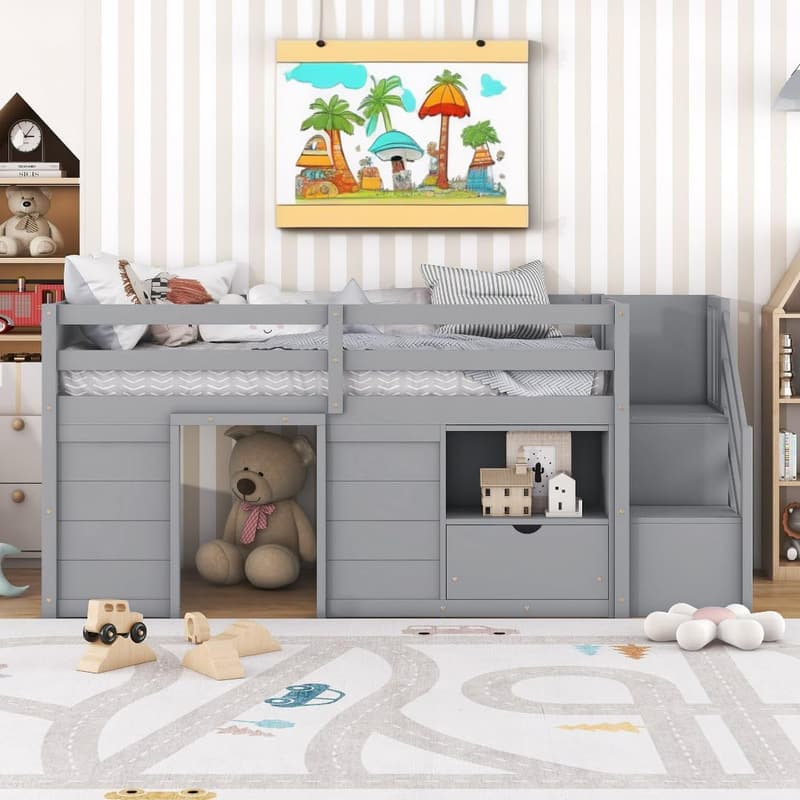 Low Loft Bed Frame with Playhouse Design for Teens, Gray