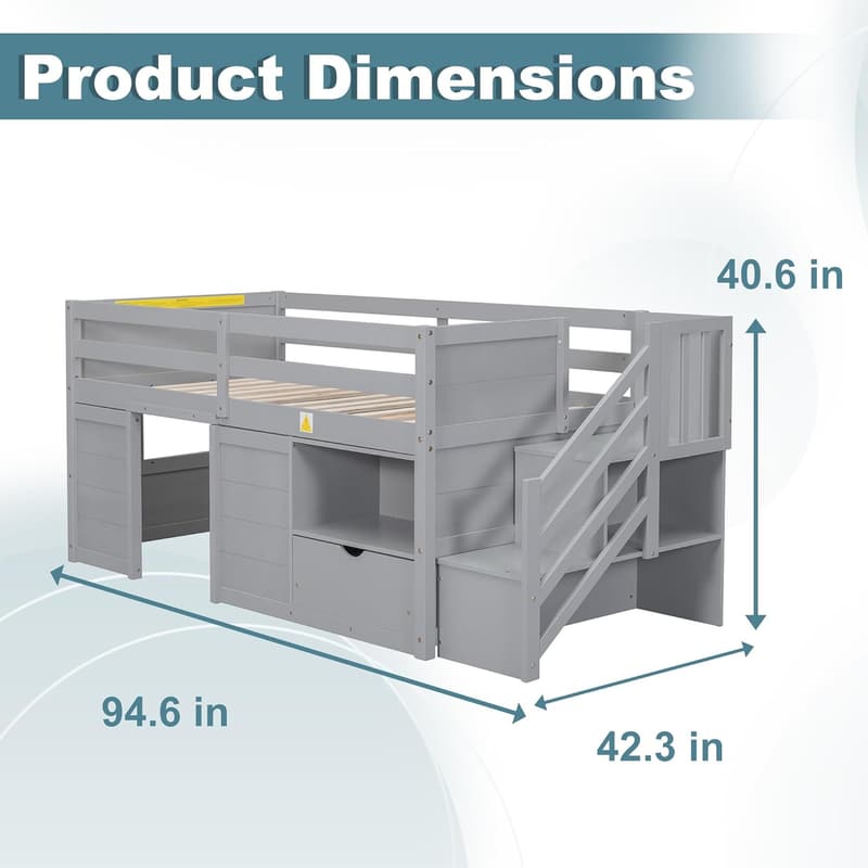 Low Loft Bed Frame with Playhouse Design for Teens, Gray