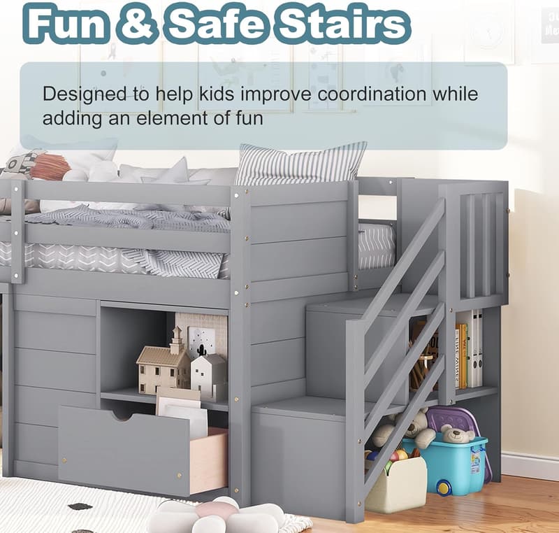 Low Loft Bed Frame with Playhouse Design for Teens, Gray