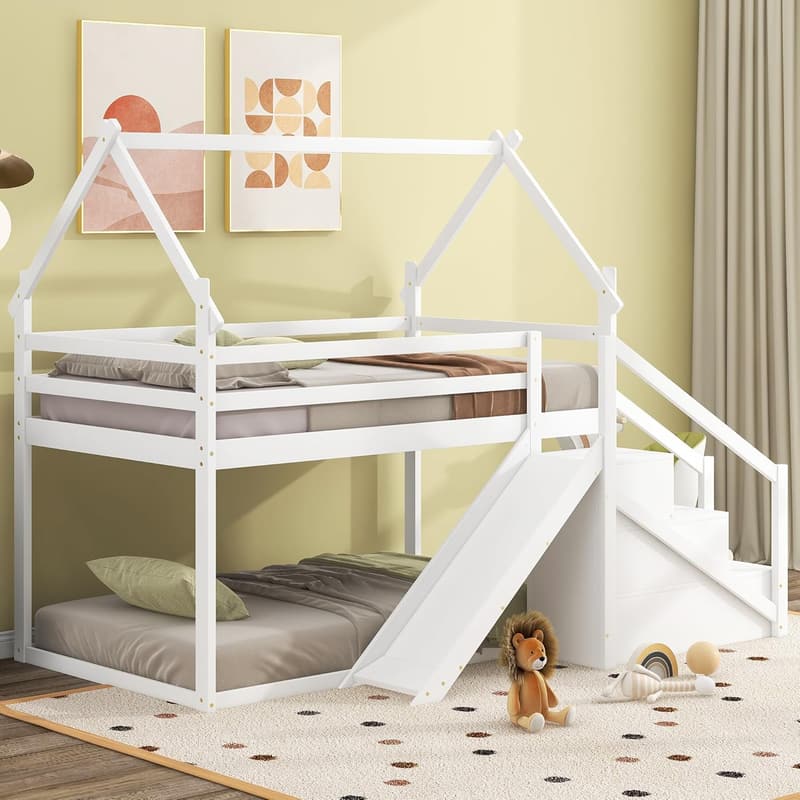 Kids Twin Over Twin Bunk Bed with Slide and Storage Stairs