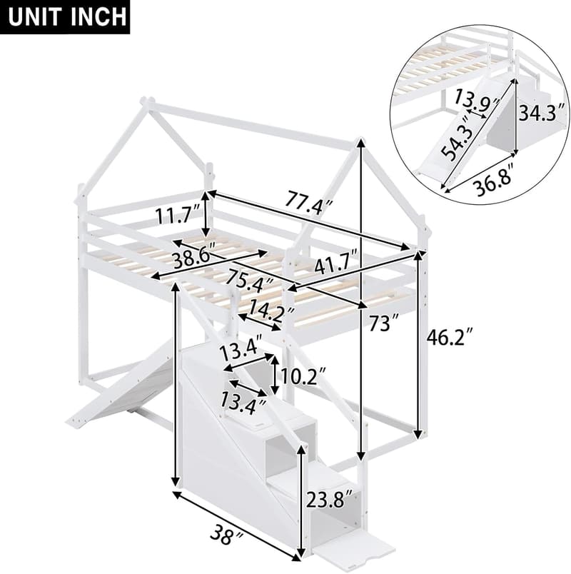 Kids Twin Over Twin Bunk Bed with Slide and Storage Stairs