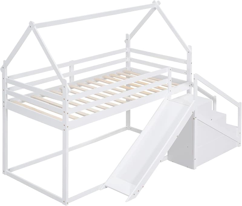 Kids Twin Over Twin Bunk Bed with Slide and Storage Stairs