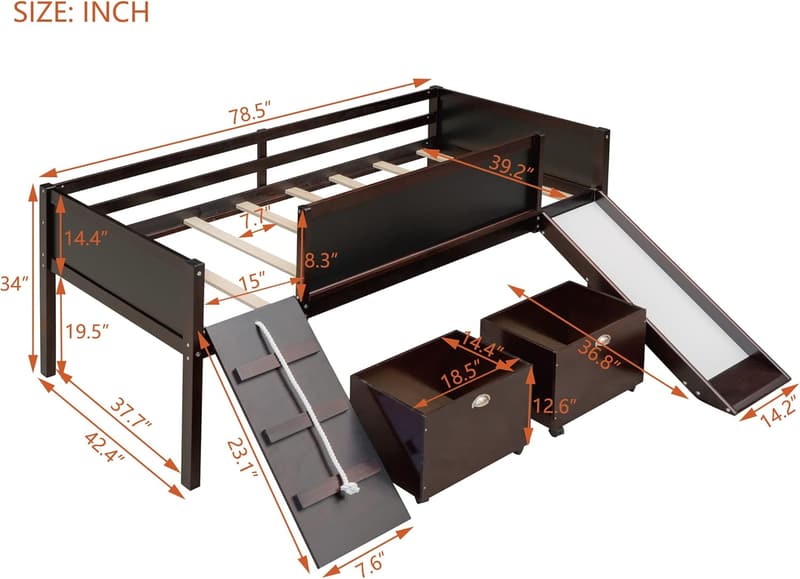 Low Loft Bed with Slide & Storage for Kids - Espresso