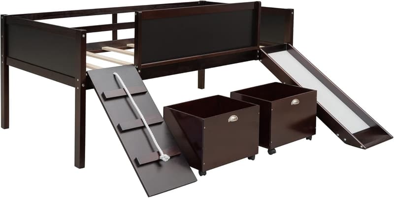 Low Loft Bed with Slide & Storage for Kids - Espresso