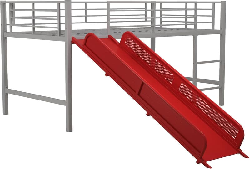 Silver Junior Twin Metal Loft Bed with Red Slide