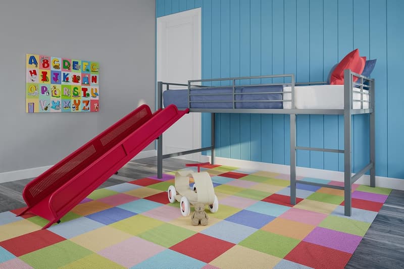 Silver Junior Twin Metal Loft Bed with Red Slide