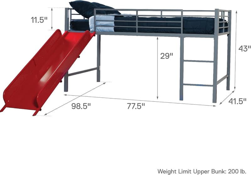 Silver Junior Twin Metal Loft Bed with Red Slide