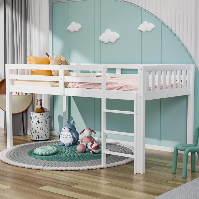 Low Loft Bed Frame for Kids with Guardrail & Ladder, White