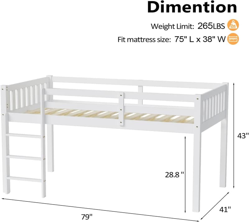 Low Loft Bed Frame for Kids with Guardrail & Ladder, White