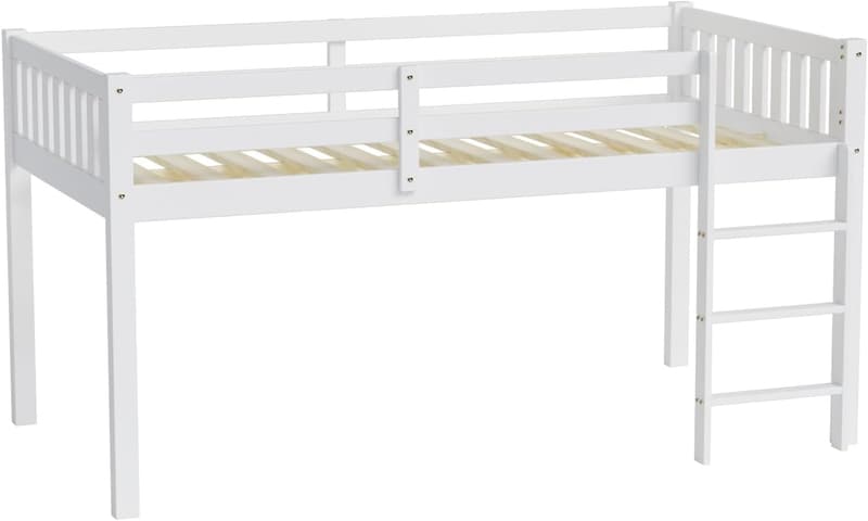 Low Loft Bed Frame for Kids with Guardrail & Ladder, White