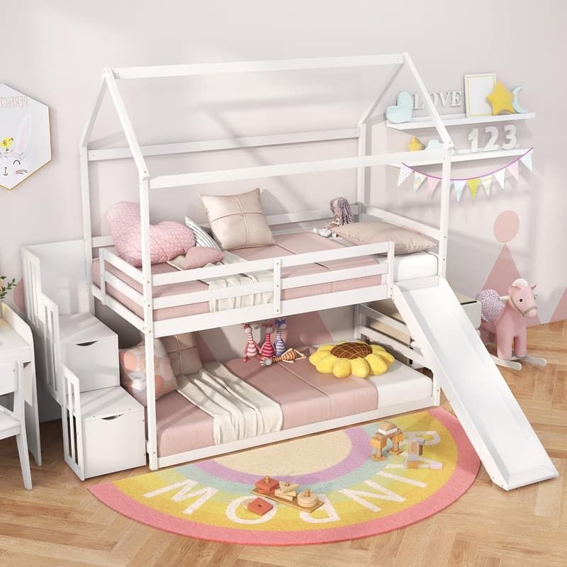 Twin Over Twin House Bunk Bed with Slide & Storage Stairs, White