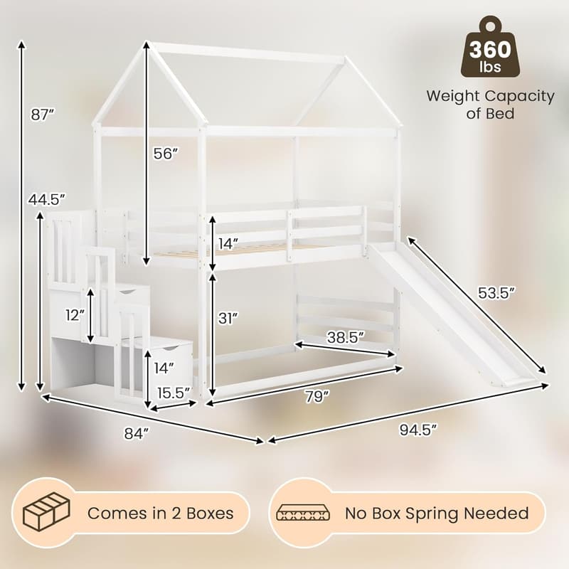 Twin Over Twin House Bunk Bed with Slide & Storage Stairs, White