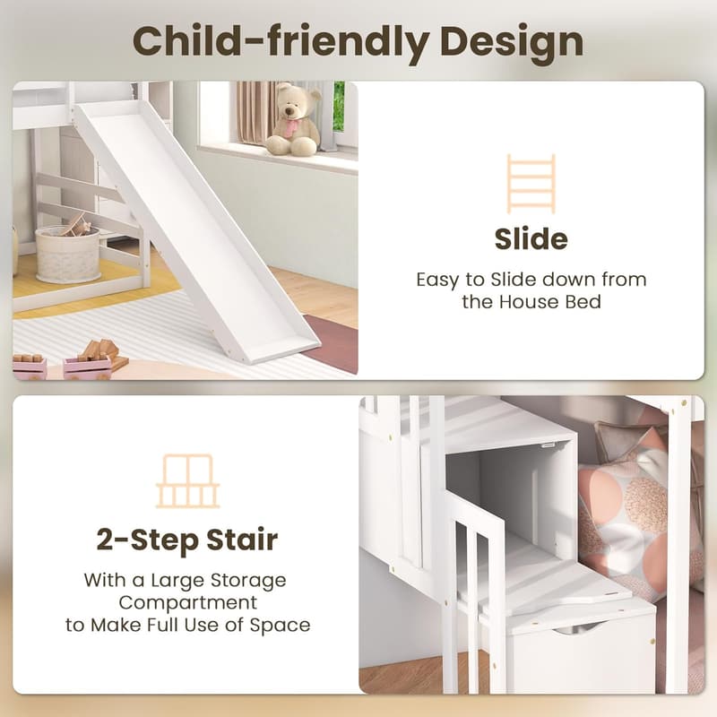 Twin Over Twin House Bunk Bed with Slide & Storage Stairs, White