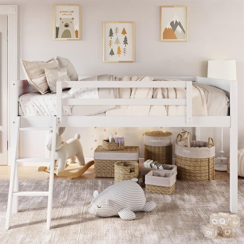 Low Loft Bed with Ladder and Guardrail - Full Size, White