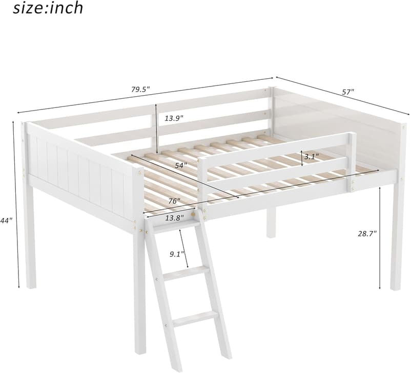 Low Loft Bed with Ladder and Guardrail - Full Size, White