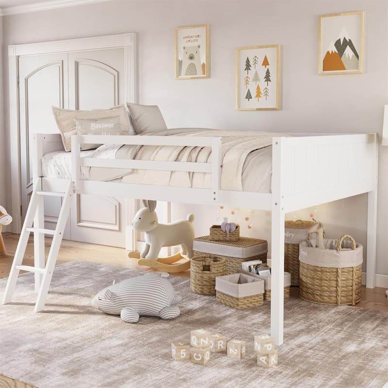 Low Loft Bed with Ladder and Guardrail - Full Size, White