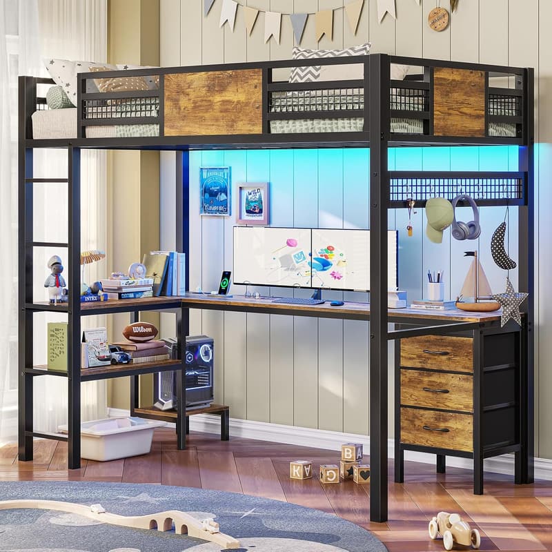 Twin Loft Bed with L-Shaped Desk & LED Lights, White