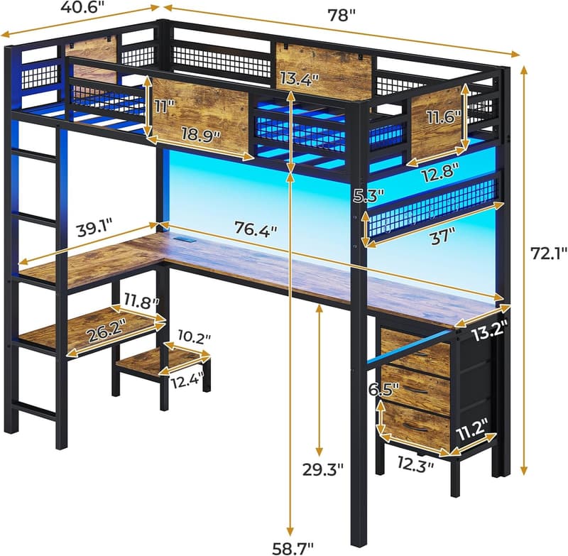 Twin Loft Bed with L-Shaped Desk & LED Lights, White