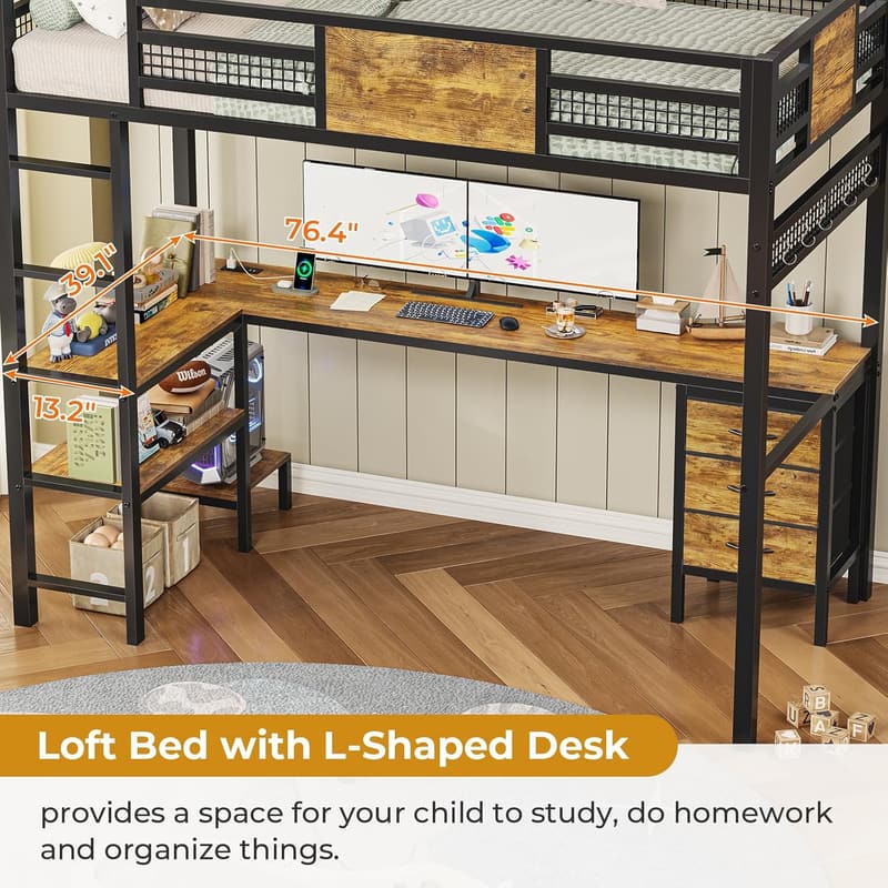 Twin Loft Bed with L-Shaped Desk & LED Lights, White
