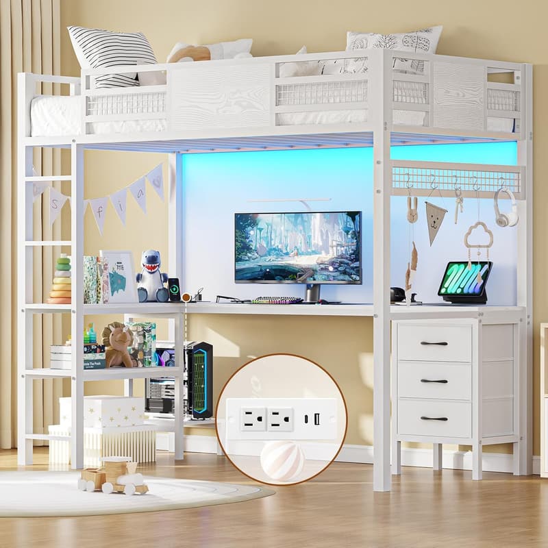 Twin Loft Bed with L-Shaped Desk and Storage Drawers - White