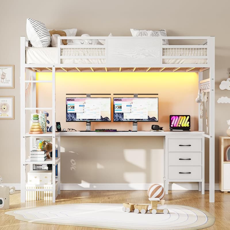 Twin Loft Bed with L-Shaped Desk and Storage Drawers - White