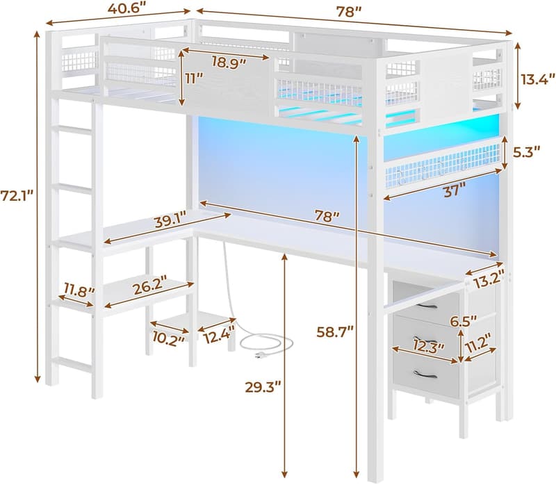 Twin Loft Bed with L-Shaped Desk and Storage Drawers - White