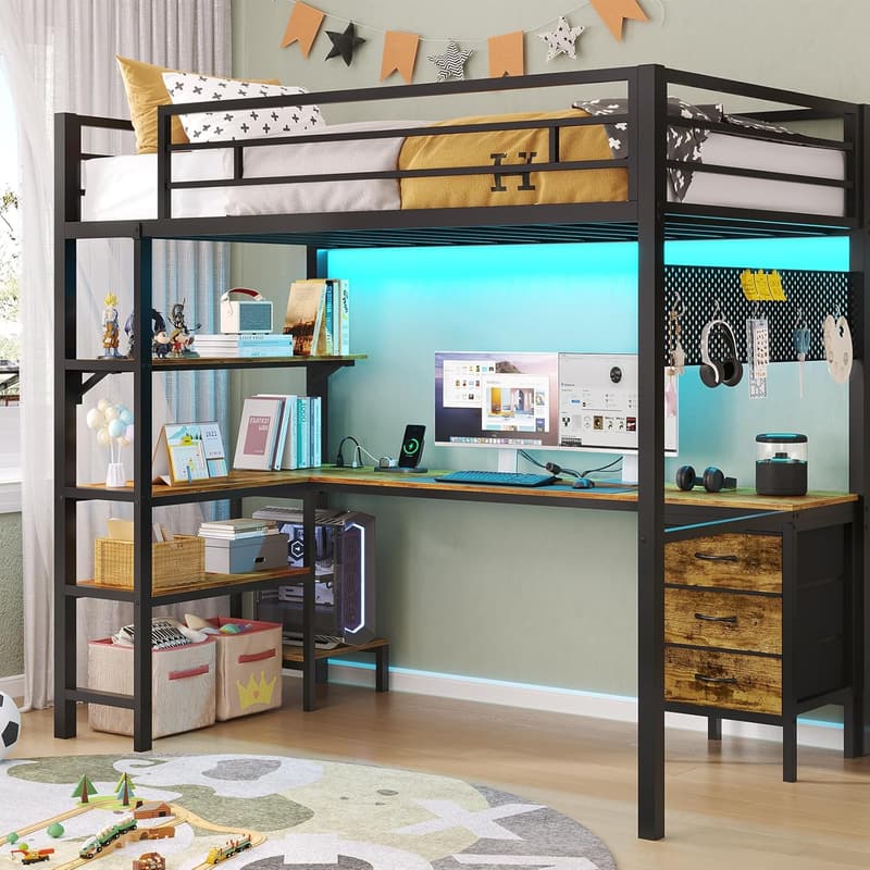 Twin Metal Loft Bed with L-Shaped Desk & LED Lights