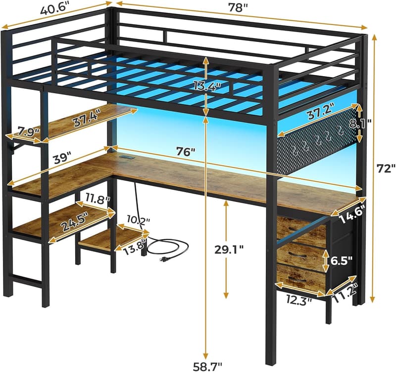 Twin Metal Loft Bed with L-Shaped Desk & LED Lights