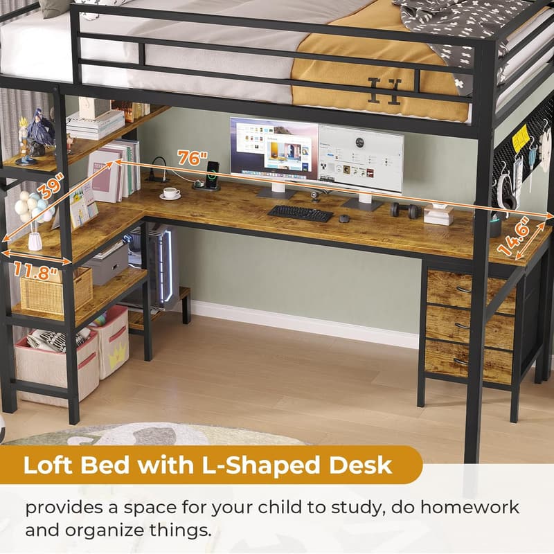 Twin Metal Loft Bed with L-Shaped Desk & LED Lights