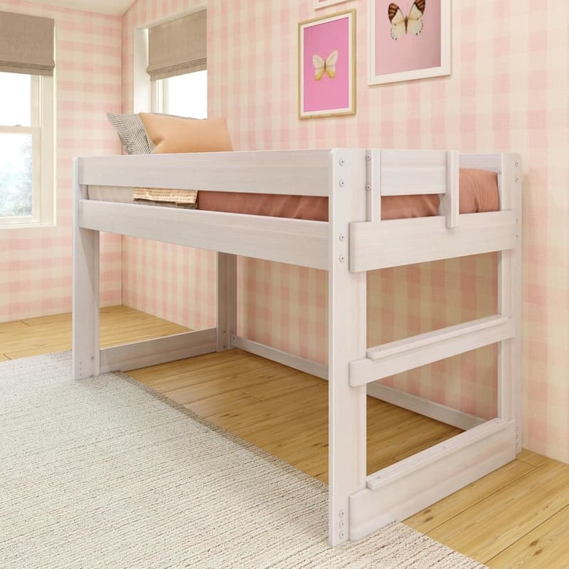 Twin Low Loft Bed Frame for Kids in White Wash, Modern Farmhouse Style