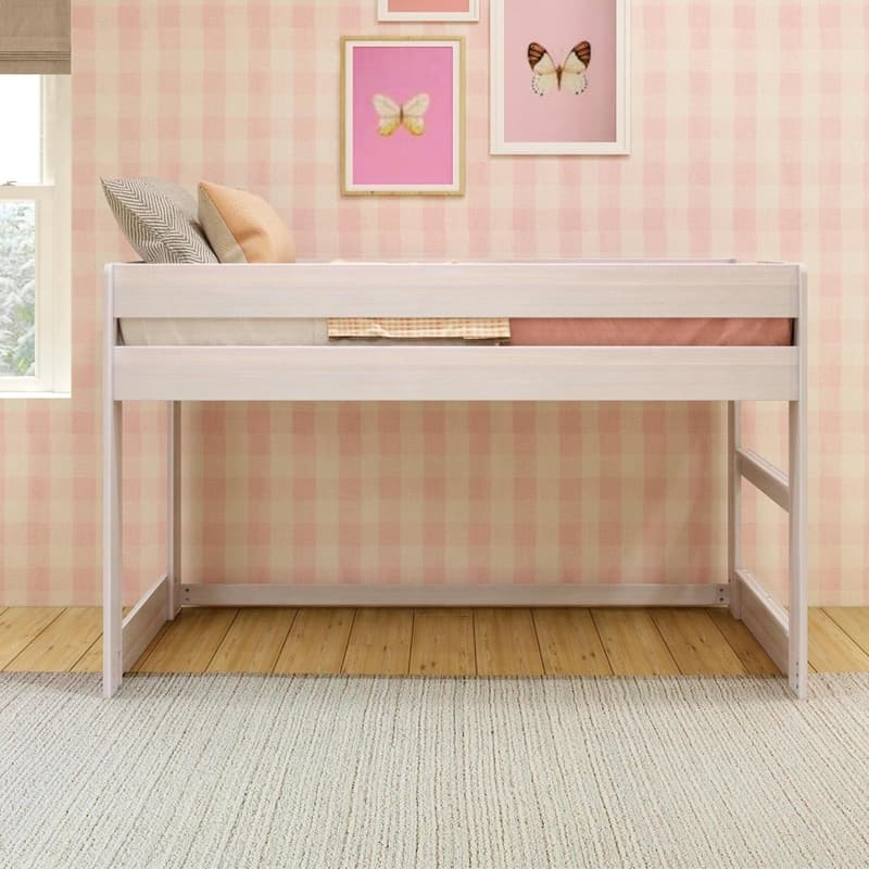Twin Low Loft Bed Frame for Kids in White Wash, Modern Farmhouse Style