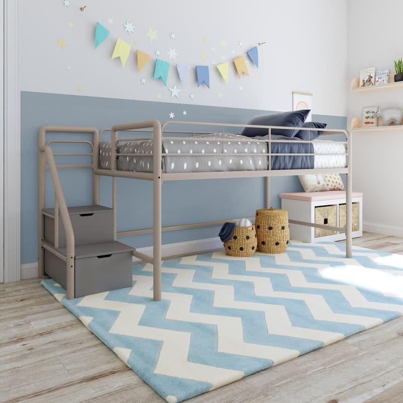 Silver Twin Loft Bed with Storage Steps - Space-Saving Solution