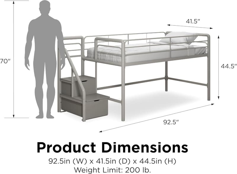 Silver Twin Loft Bed with Storage Steps - Space-Saving Solution