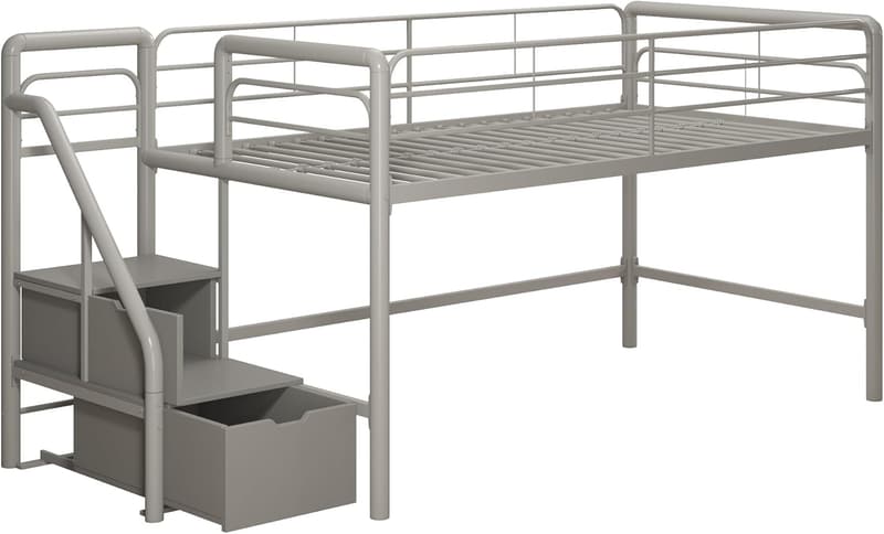 Silver Twin Loft Bed with Storage Steps - Space-Saving Solution