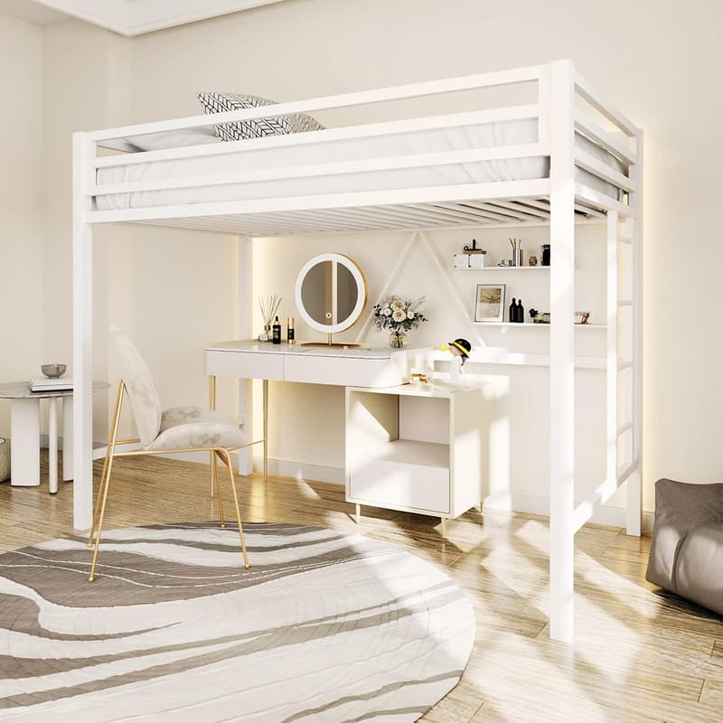 Twin Metal Loft Bed with Safety Guardrail - Space Saving Cream White