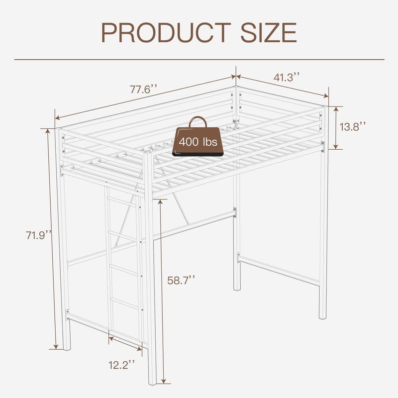 Twin Metal Loft Bed with Safety Guardrail - Space Saving Cream White