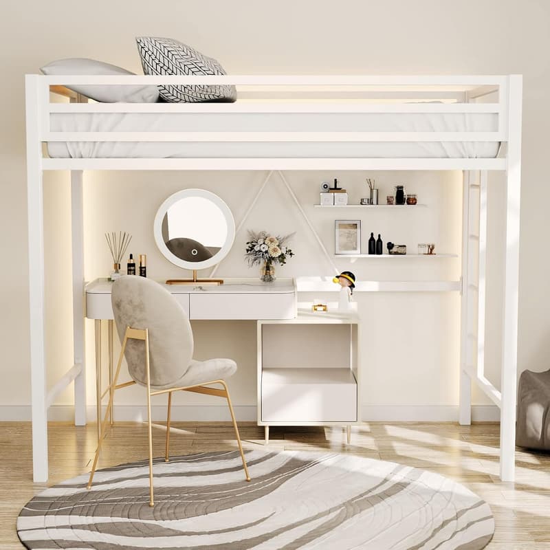 Twin Metal Loft Bed with Safety Guardrail - Space Saving Cream White
