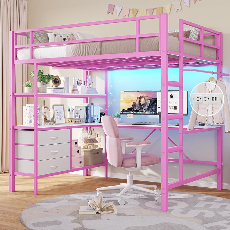 Pink Full Size Metal Loft Bed with L-Shaped Desk & LED Lights