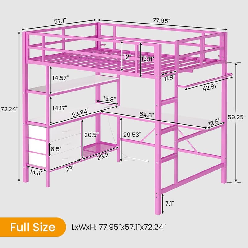 Pink Full Size Metal Loft Bed with L-Shaped Desk & LED Lights