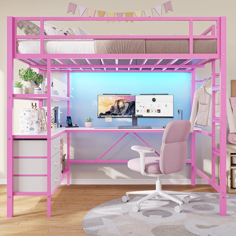 Pink Full Size Metal Loft Bed with L-Shaped Desk & LED Lights