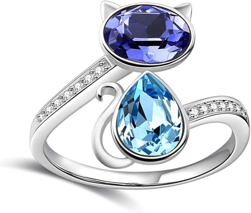 Cute Cat Ring with Blue Purple Austrian Crystals for Women