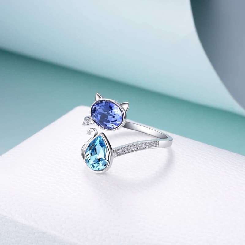 Cute Cat Ring with Blue Purple Austrian Crystals for Women