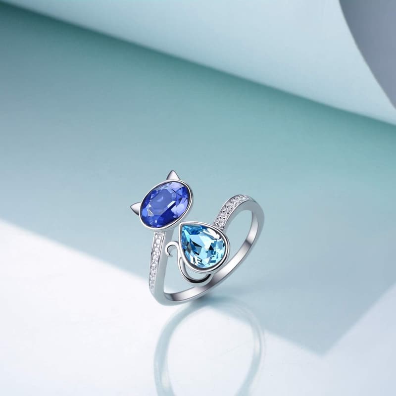 Cute Cat Ring with Blue Purple Austrian Crystals for Women
