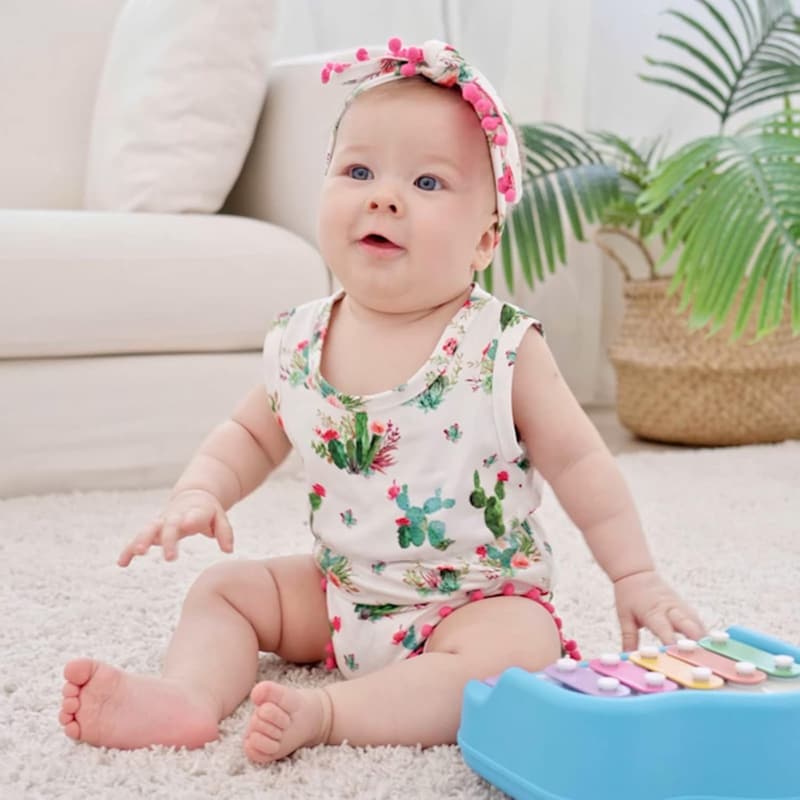 Floral Sleeveless Baby Cowgirl Romper and Headband Set, 0-24M