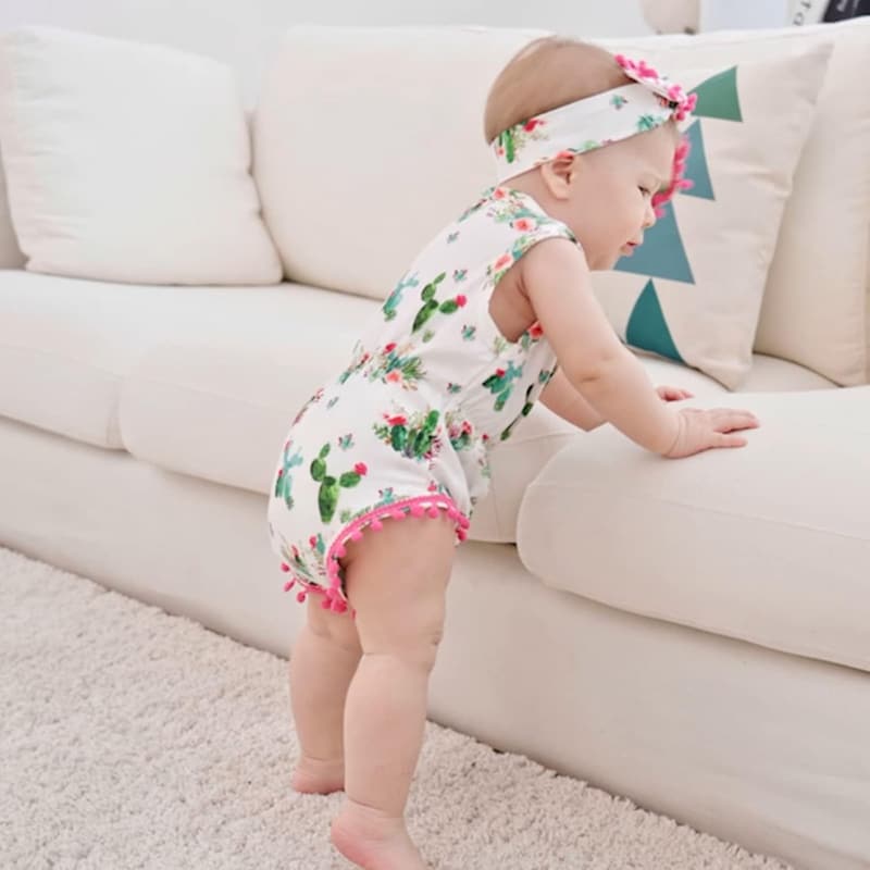 Floral Sleeveless Baby Cowgirl Romper and Headband Set, 0-24M