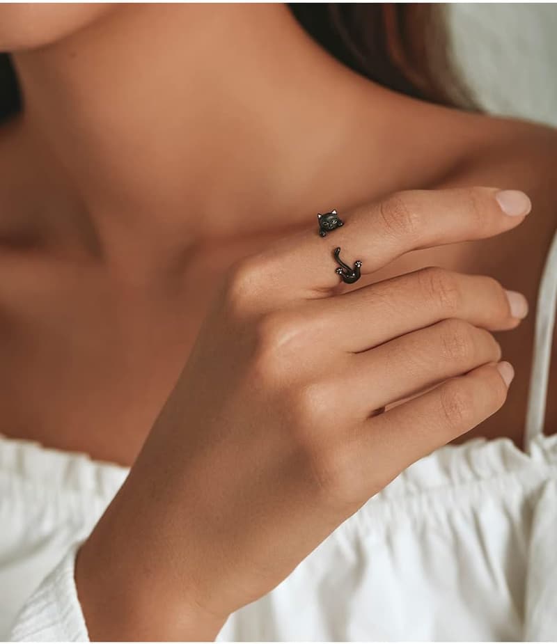 Adjustable Sterling Silver Cat Ring - Dainty Stackable Gift for Cat Lovers