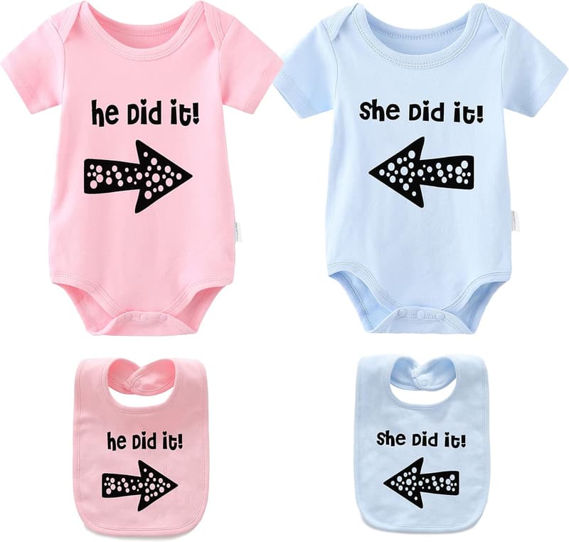 Twin Baby Bodysuits Set with Hat - He/She Did It Outfit