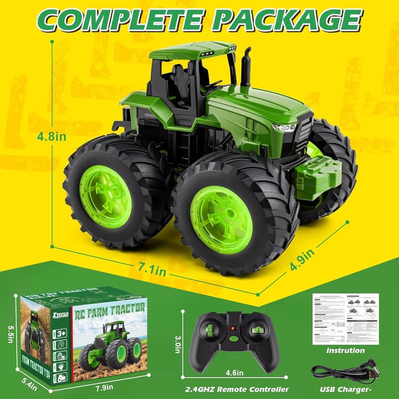 Remote Control Tractor Toy Trucks for Kids, Light-Up, 3-7 Years